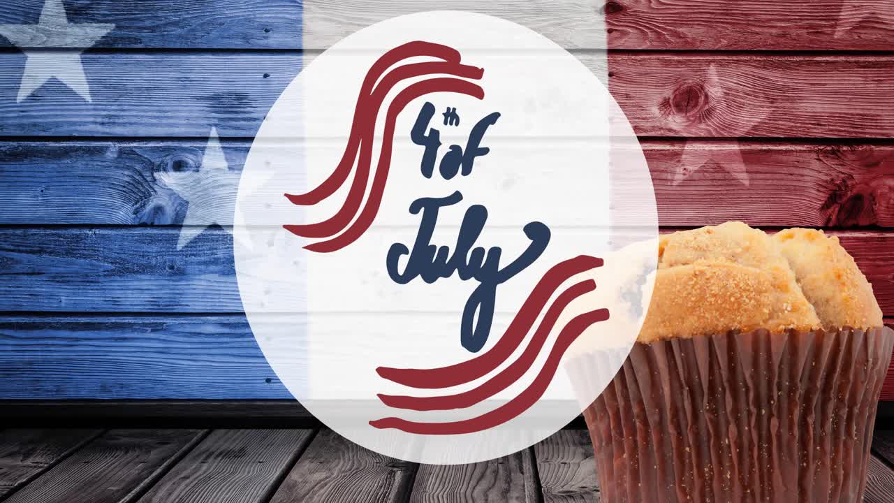 Animación de texto del 4 de julio sobre cupcakes y bandera estadounidense