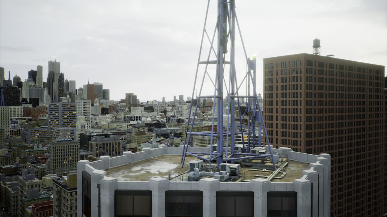 View of a city skyline with a telecommunications tower on a rooftop
