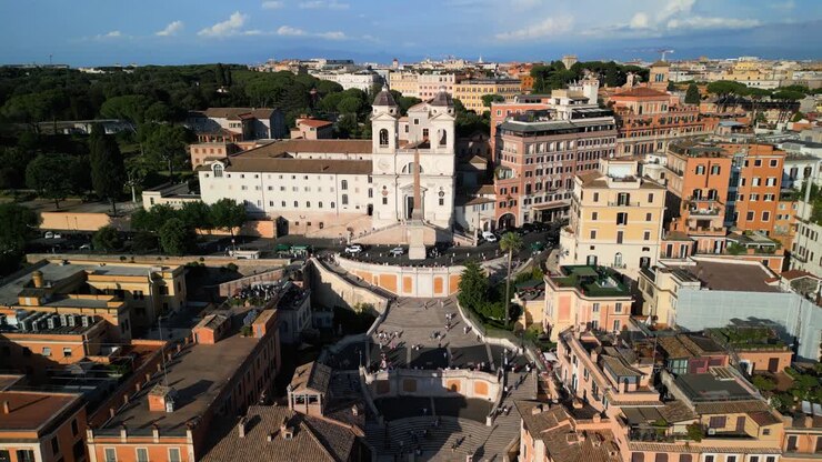 Spanish Steps - Beautiful Aerial Crane Shot on Typical Summer Day in Rome, Italy