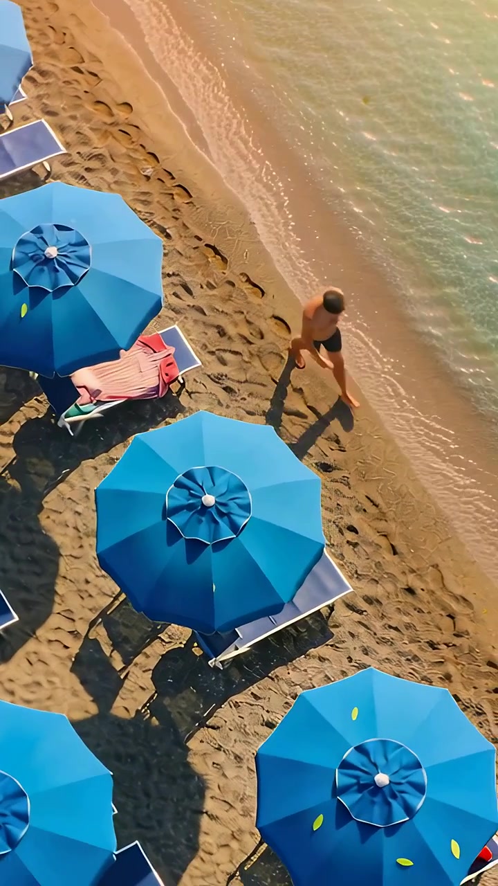Video verticale: Uomo che cammina dal mare in costume da bagno, lasciando impronte sulla spiaggia vicino a ombrelloni blu.