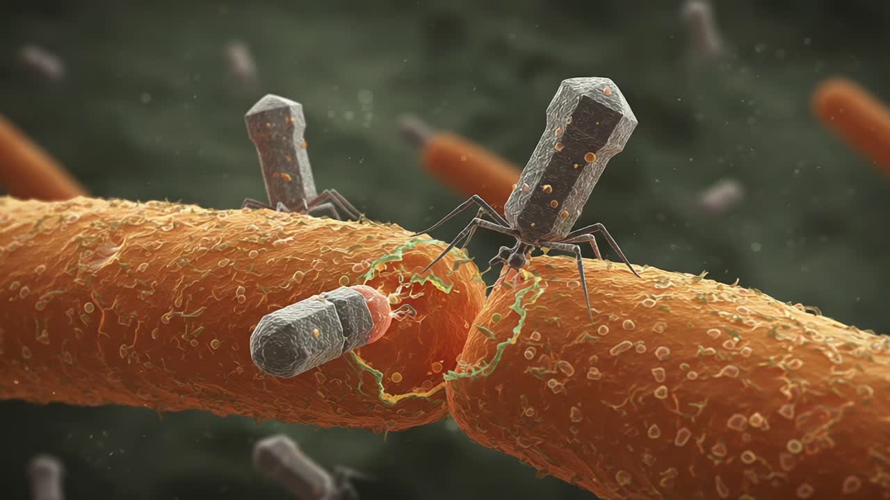Detailed Visualization of Bacteriophages Attacking Bacterial Cells: A Study of Viral Mechanisms in Microbial Interactions and Their Implications for Biotechnological Advancement