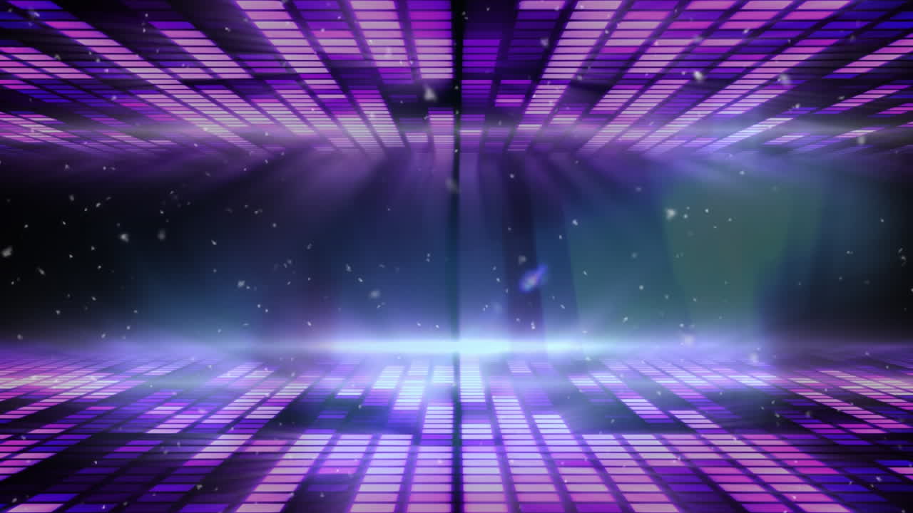 Animation of snowflakes and lights over glowing purple squares