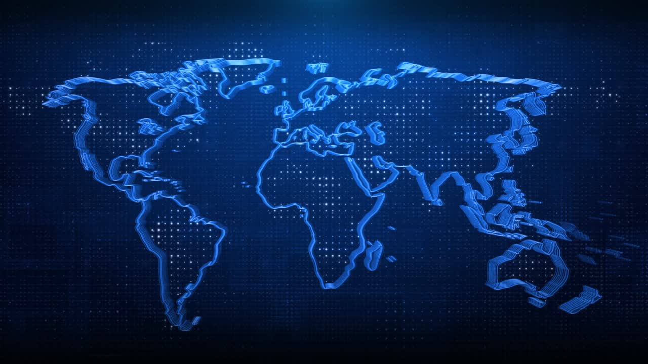 4K Blue Global World Map of the planet Floating plexus geometric background.