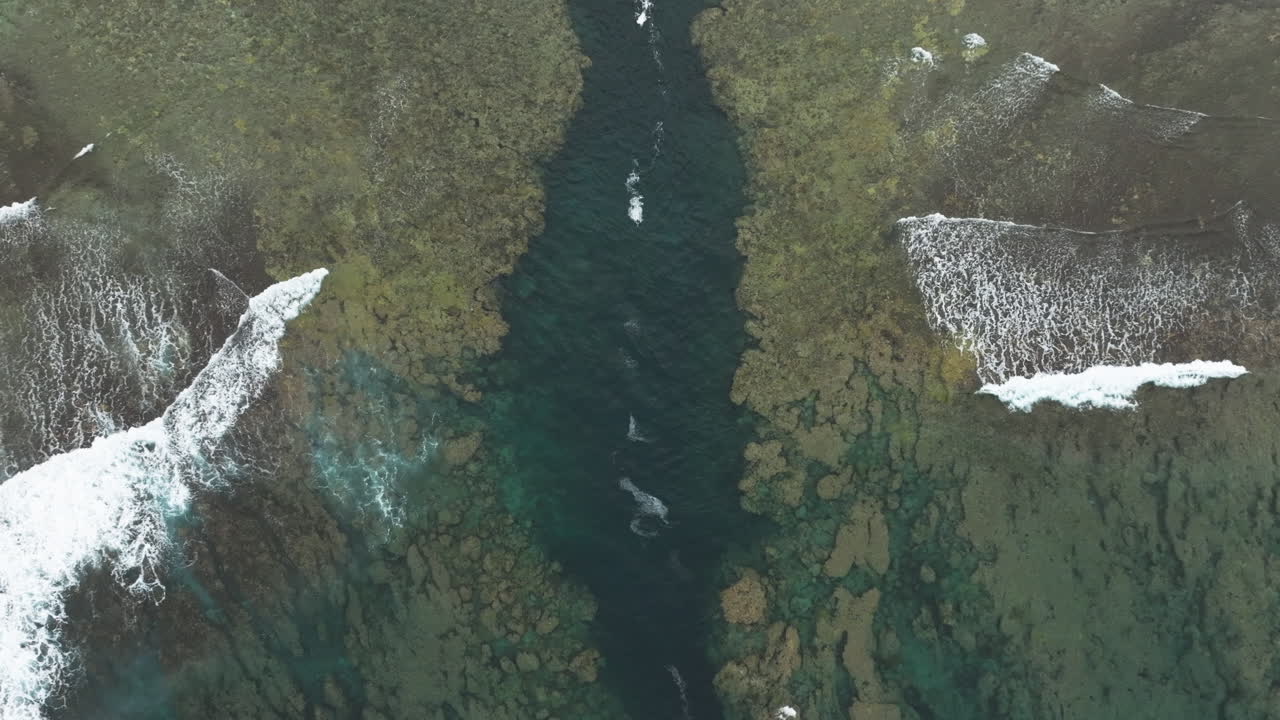 Aerial view of a freshwater outlet flowing into the ocean, creating a visible channel through the coral reef where marine life has been disrupted, highlighting environmental impact