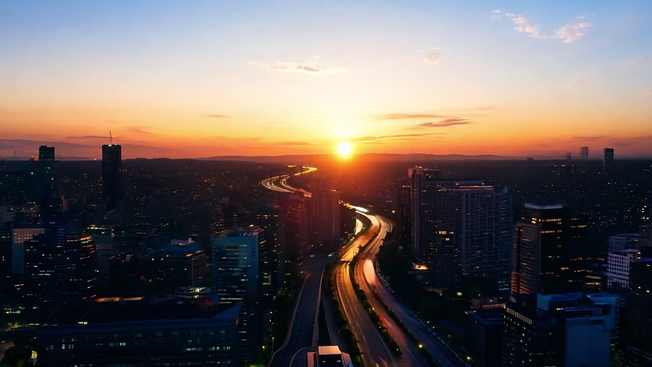 Sunset casting a warm glow over a bustling highway, highlighting the vibrant city skyline and evening traffic below