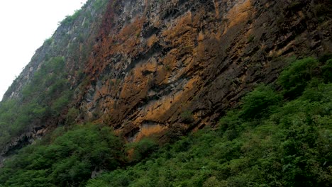 jagged and decayed limestone rock on side of a mountain with vegetation below