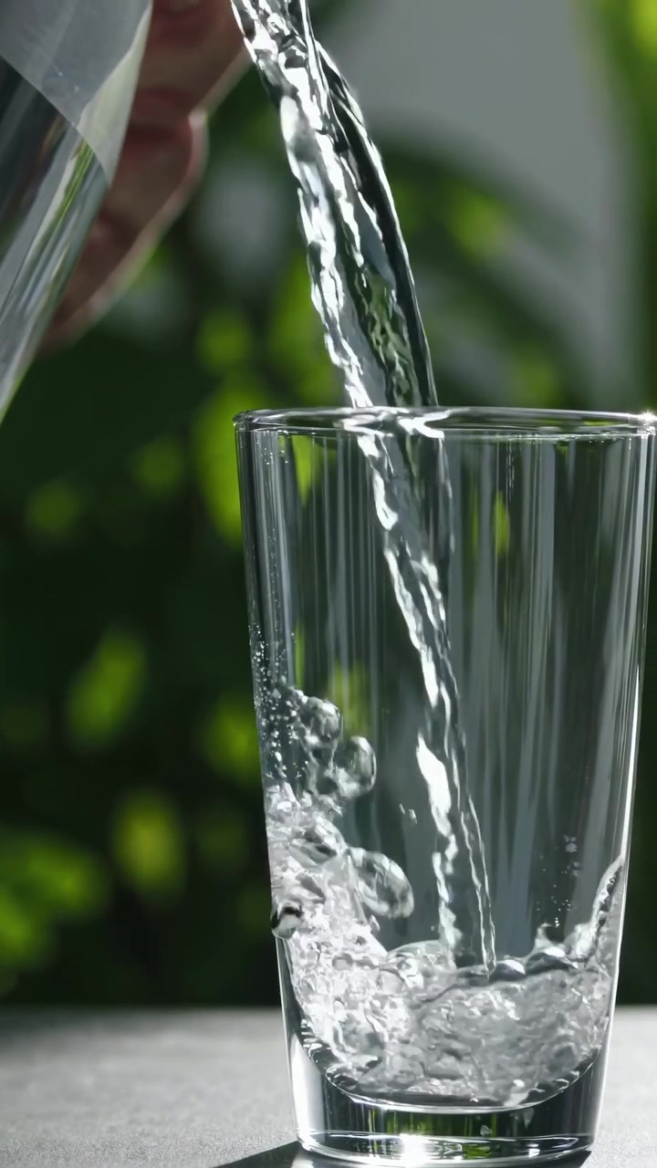 Klares Wasser wird in ein Glas eingeschenkt.