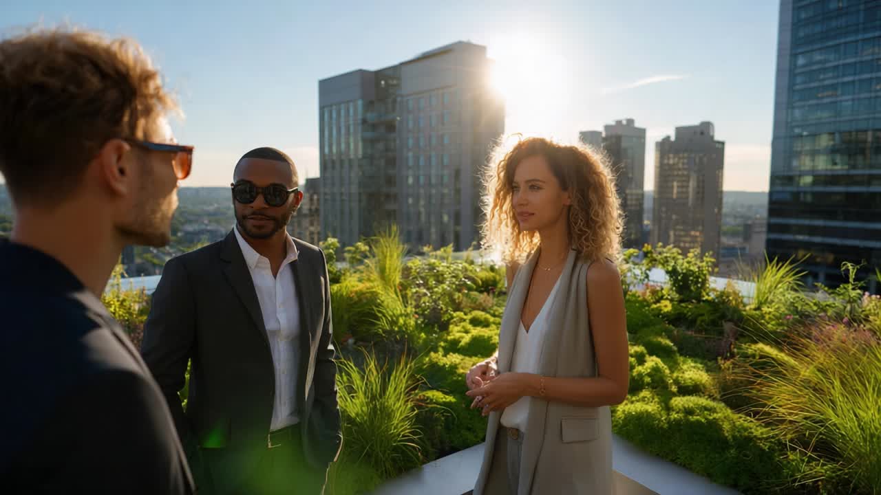 Business team meeting on a rooftop garden with city view