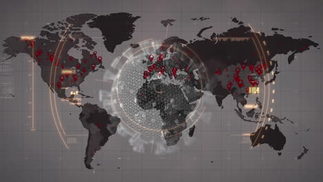 procesamiento de datos y escaneo de alcance sobre la célula de covid-19 contra el mapa del mundo en fondo gris
