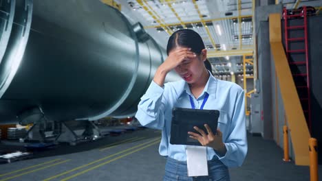 una mujer de negocios asiática no está satisfecha y sacude la cabeza mientras usa la tableta en una fábrica de fabricación de tubos