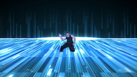 man dancing with background of bright blue stripes