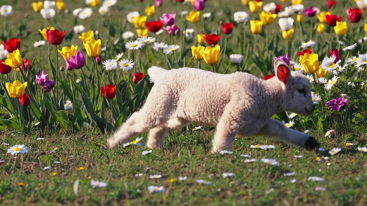 A low-angle video captures a lamb grazing in a vibrant field of tulips and daisies