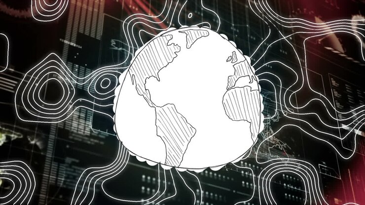 Animation of drawn globe with topographical chart moving over interface with data processing