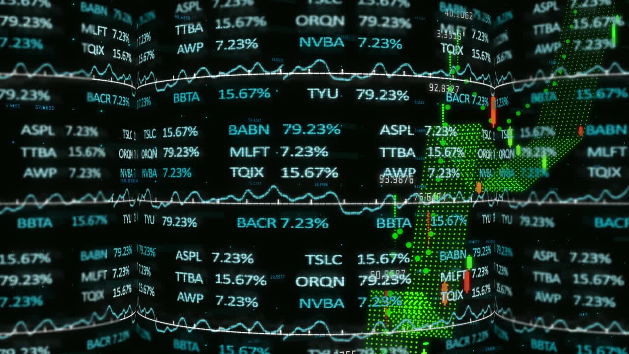 Animation of financial and stock market data processing against black background