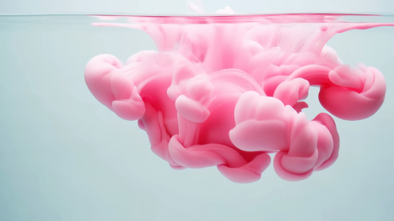 Pink Ink Cloud Underwater Slow Swirl Of Paint Forming Creamy Plumes, Pastel Palette With Soft Studio Lighting,