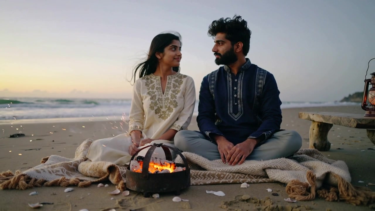 Sitting couple in white tunic and blue kurta reacting to brazier sparks on beach, sharing sunset