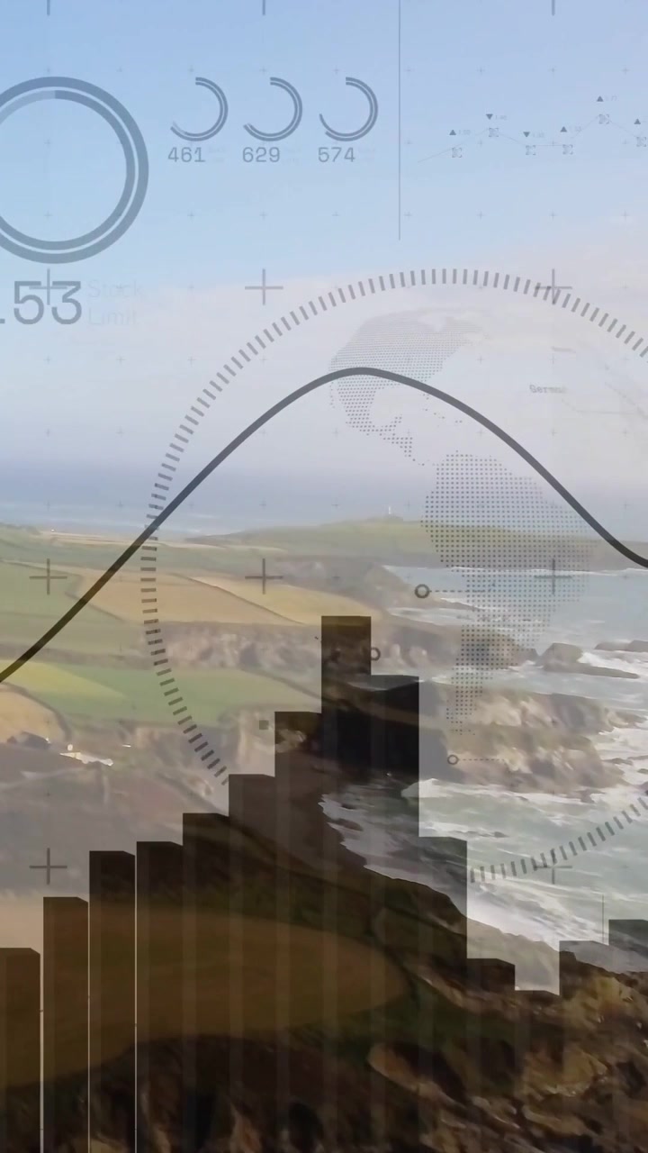 Vertikal video: HUD toner inn, kystlinje visualiserer data med en kurve som feier over og et histogram som stiger.
