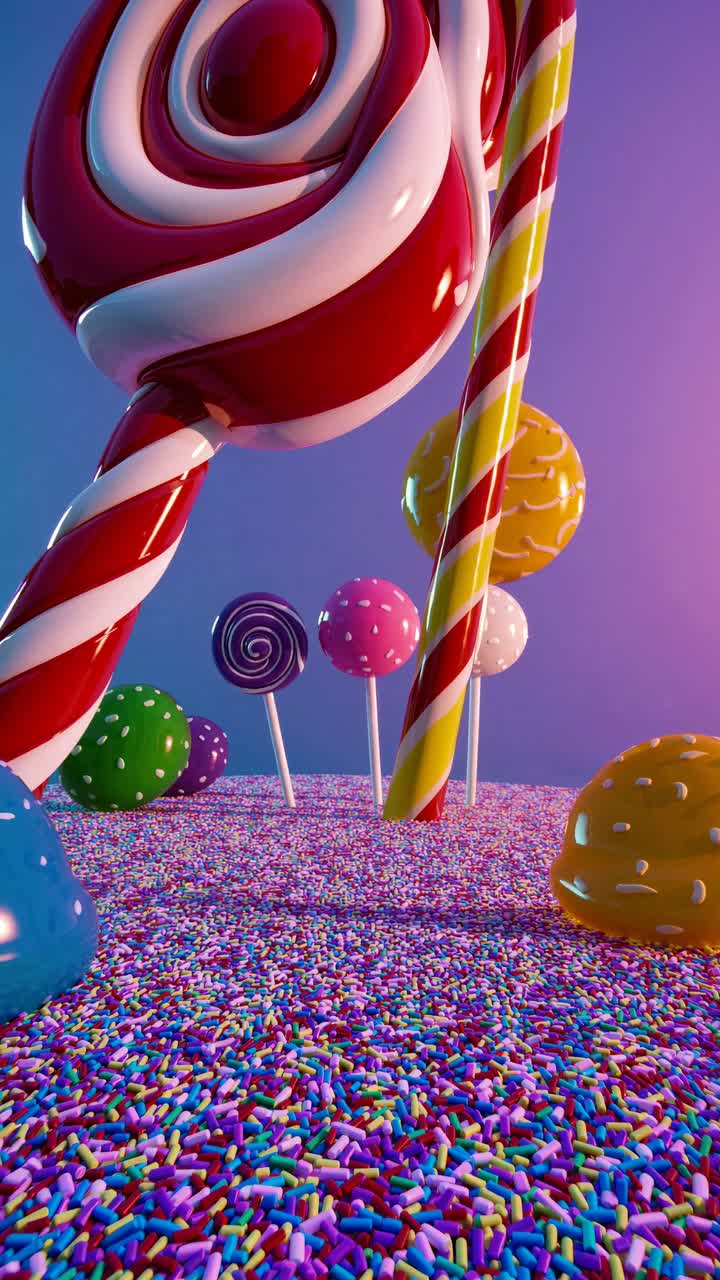 Whimsical video scene of giant candy land with colorful lollipops and sprinkles
