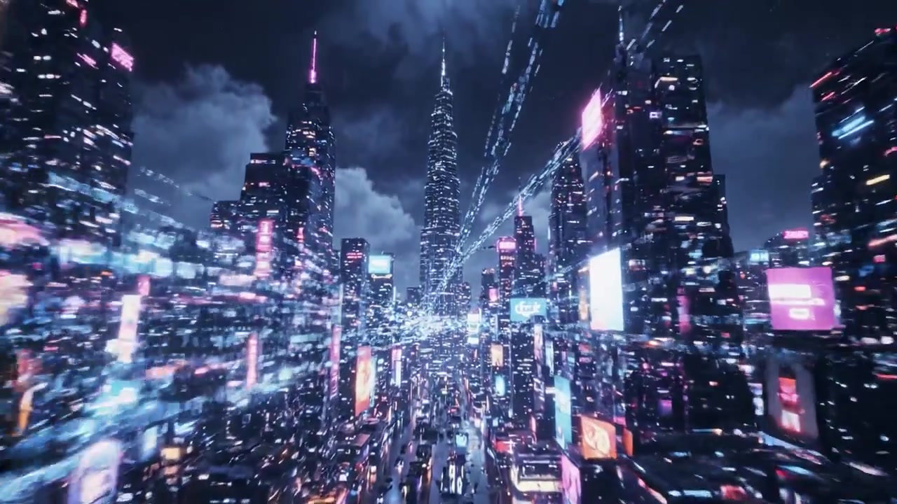 Vista aérea de un paisaje urbano futurista de neón por la noche, mostrando dinámicas estelas de luz y vibrantes anuncios digitales, ilustrando la modernidad e innovación urbana