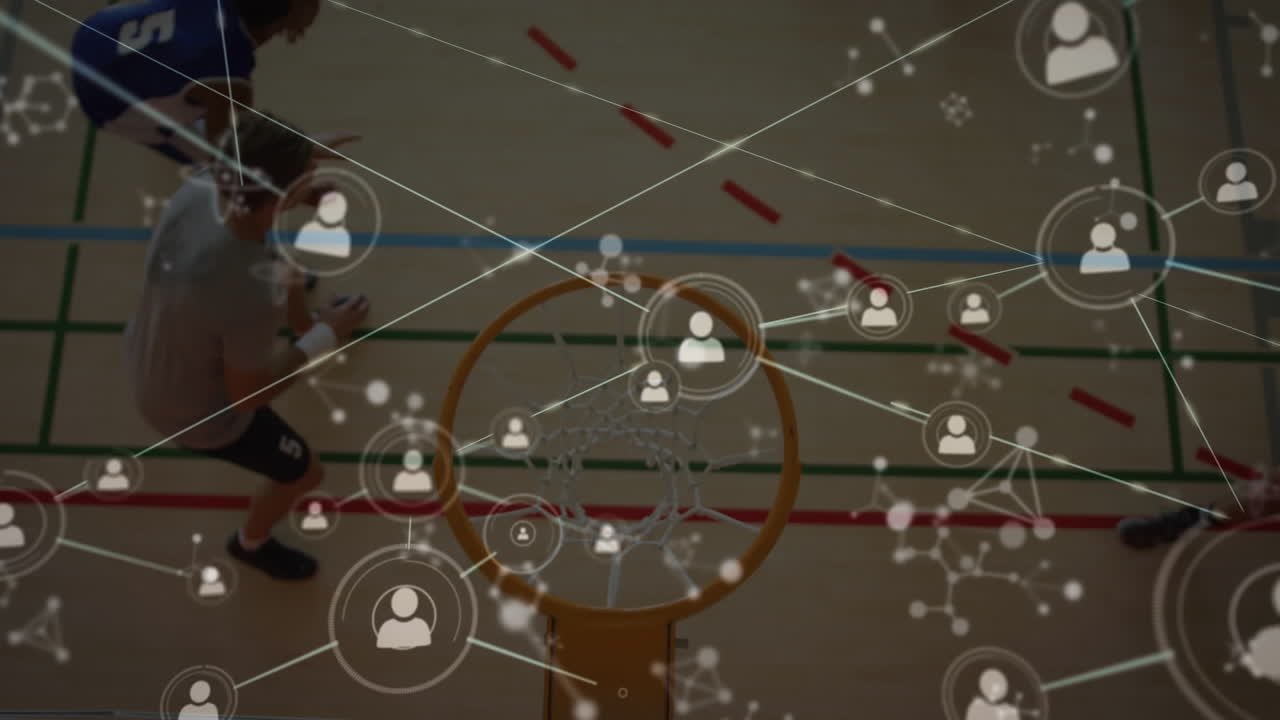 animación de la red de conexiones en un grupo diverso de jugadores de baloncesto masculinos
