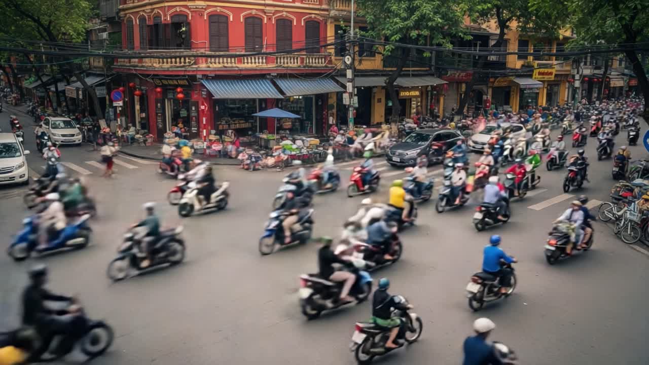 Busy Motorcycle Traffic at a City Intersection in Asia