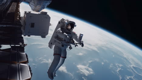 Astronauta-Flotando-En-El-Espacio-Ultraterrestre-Junto-A-Una-Nave-Espacial-De-La-Estación-Espacial-Con-El-Planeta-Tierra-En-El-Fondo