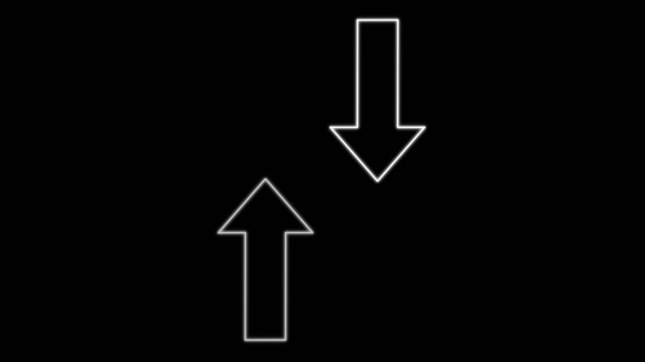 Outlined white arrow smoothly ascends, overlapping with downward arrow, on solid black background