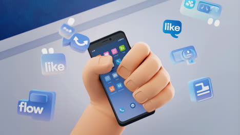 3d cartoon hand holding smartphone with floating digital icons