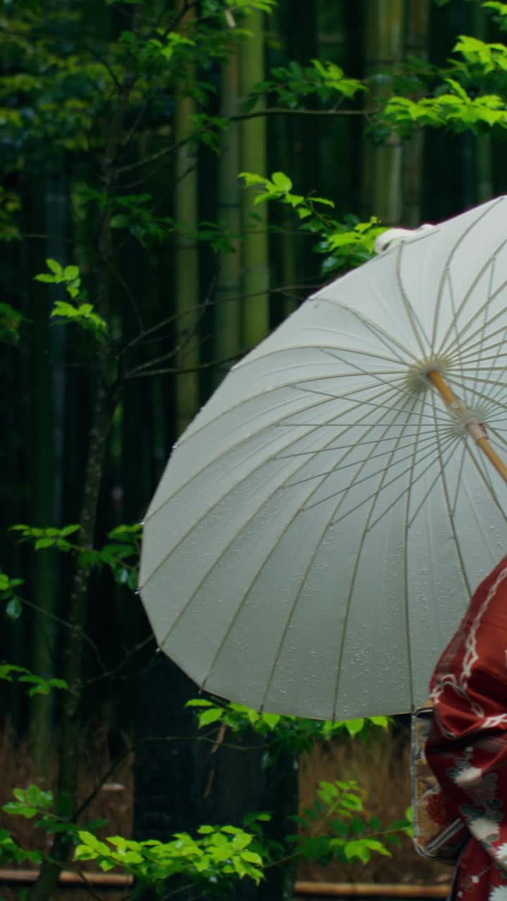 Woman in Kimono with Umbrella in a Japanese Garden