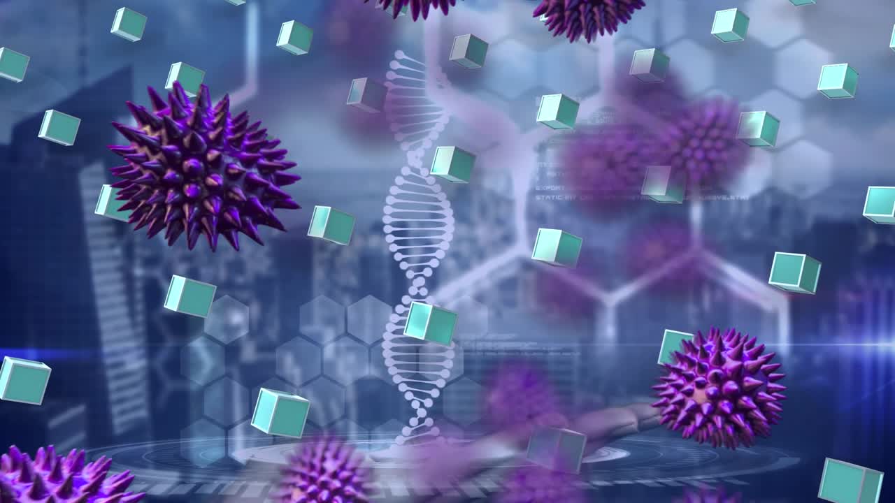 Animazione di cellule Covid-19, un filamento di DNA e file di cubi verdi su una città.