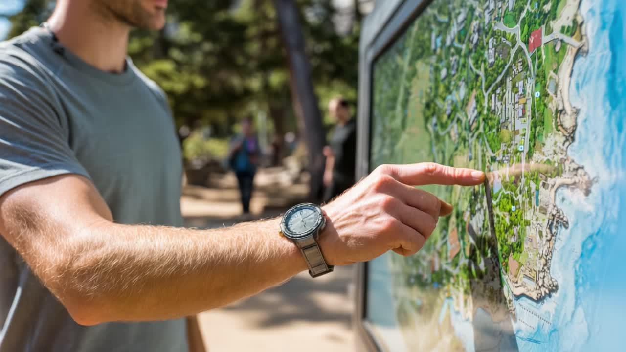 Exploring the Landscape: A Person Engaging with an Outdoor Map Display to Discover Nearby Attractions and Points of Interest in a Natural Setting