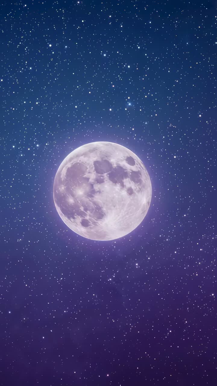 Vídeo vertical: ao iniciar, lua cheia pulsando com maria, halo brilhando no céu noturno, estrelas cintilando