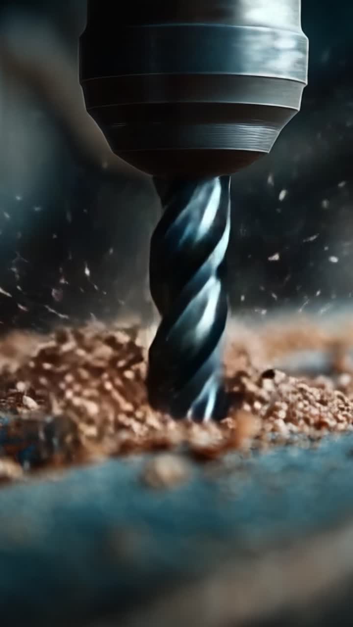 Un primo piano di una punta da trapano che fora il legno, catturando il momento di trucioli e scintille mentre attraversa una superficie