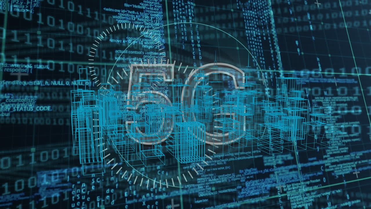 animazione della città metaverse e 5g che ruota sopra l'elaborazione dei dati nello spazio nero e blu