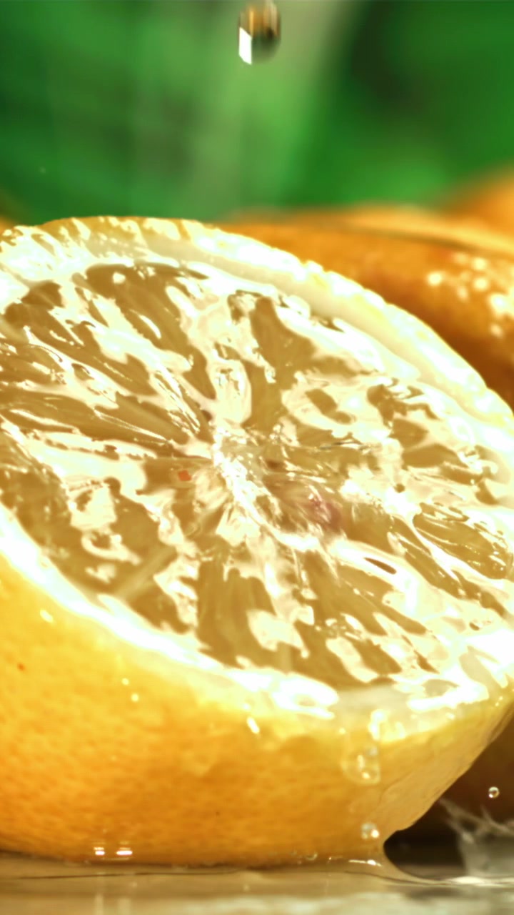 Gocce d'acqua che schizzano su un mezzo limone fresco in movimento rallentato