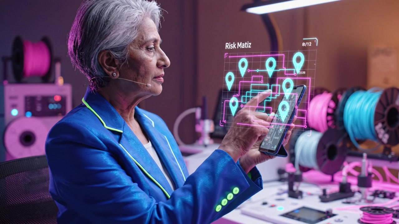 Un professionista esperto che analizza dati complessi su uno smartphone, circondato da strumenti tecnologici avanzati e illuminazione vivace in un ambiente di lavoro moderno.