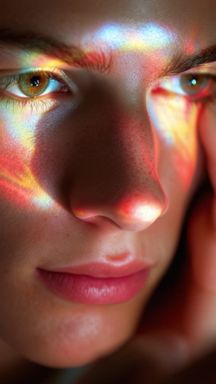 Ritratto accattivante di un giovane individuo con vibranti riflessi di luce che ne esaltano i tratti e creano un'esperienza visiva unica in un primo piano.