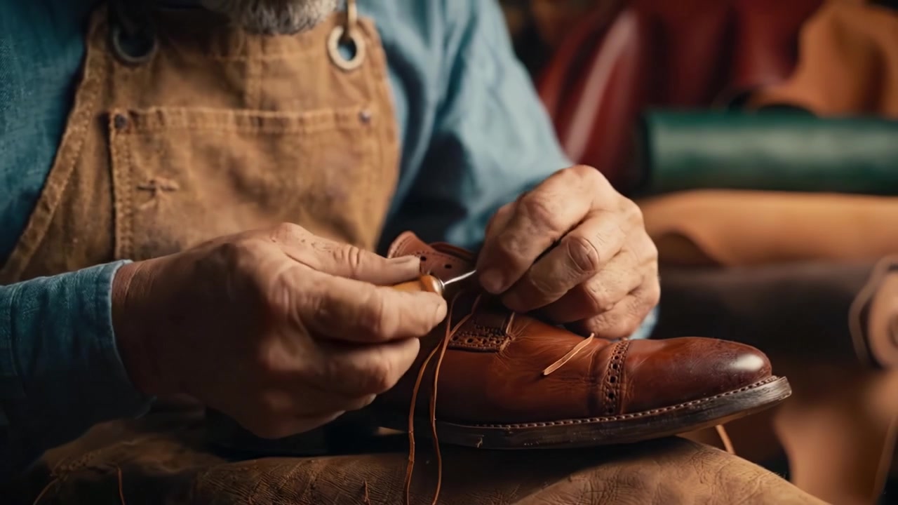 Artesão Habilidoso Fabricando Sapatos de Couro com Precisão: Um Close-Up da Atenção aos Detalhes em Técnicas de Reparo e Personalização de Sapatos