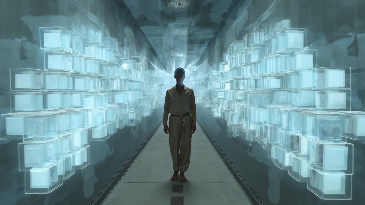 Walking model wearing gold shirt, brown pants along hall, halo blooming, cubes forming for runway
