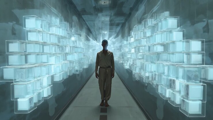 Walking model wearing gold shirt, brown pants along hall, halo blooming, cubes forming for runway
