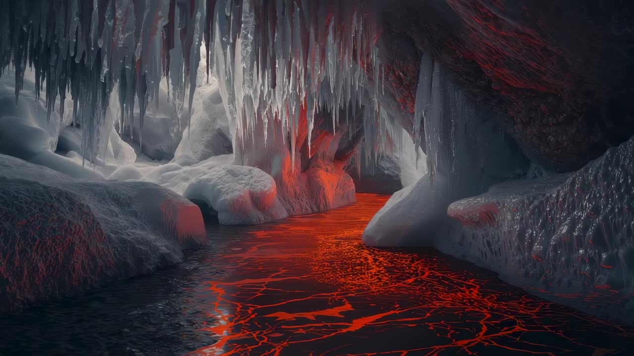 Gliding camera through frost-coated cavern, revealing molten lava river showcasing icy stalactites