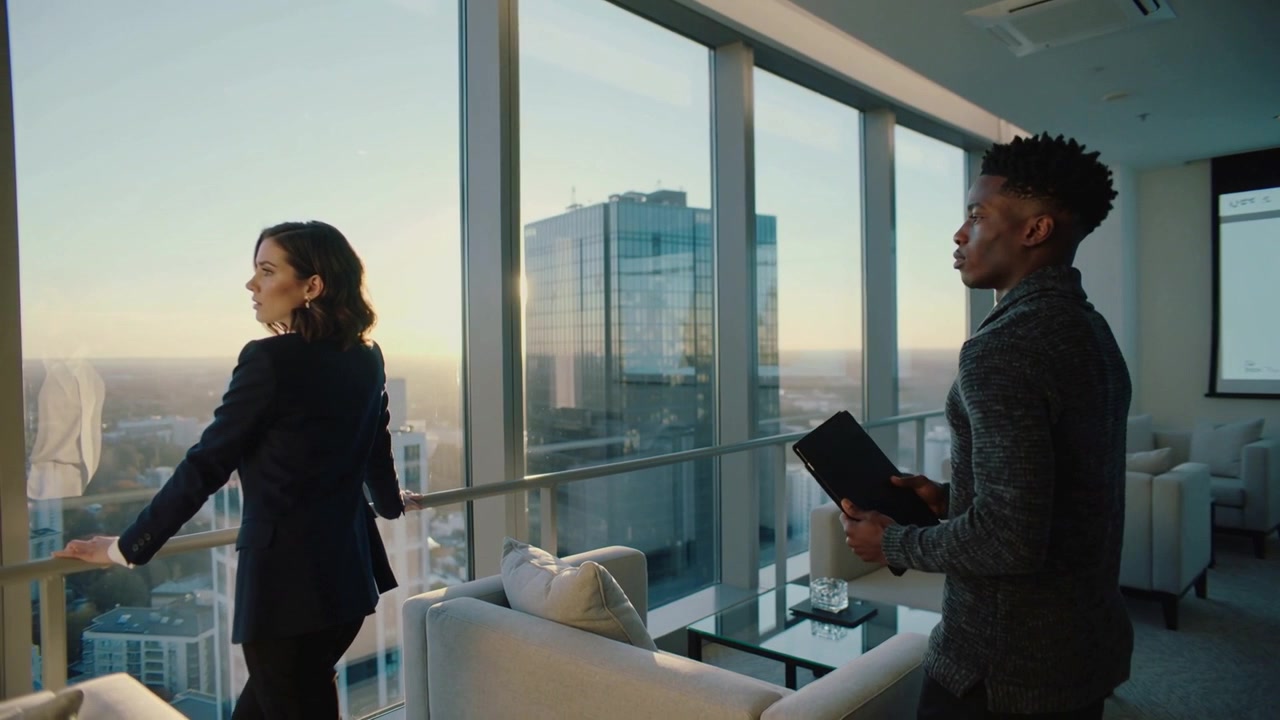 Tenendo la ringhiera, una donna in tailleur osserva lo skyline in una lounge dell'ufficio, mentre un uomo cammina con un tablet preparandosi.