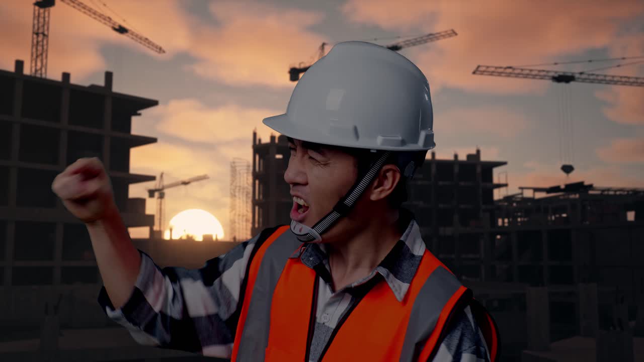 Close Up Side View Of Angry Asian Male Engineer With Safety Helmet Shouting At Someone While Standing At Building & Construction Site in Progress to New House