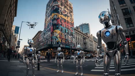 a futuristic urban scene showcasing humanoid robots gathered on a bustling city street with drones soaring above, blending advanced technology with vibrant city life.