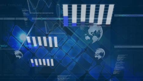 Animation-Von-Lichtflecken,-Statistischer-Datenverarbeitung-Und-Globen,-Quadratische-Formen-Auf-Blauem-Hintergrund