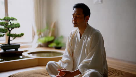 man meditating in a tranquil japanese setting