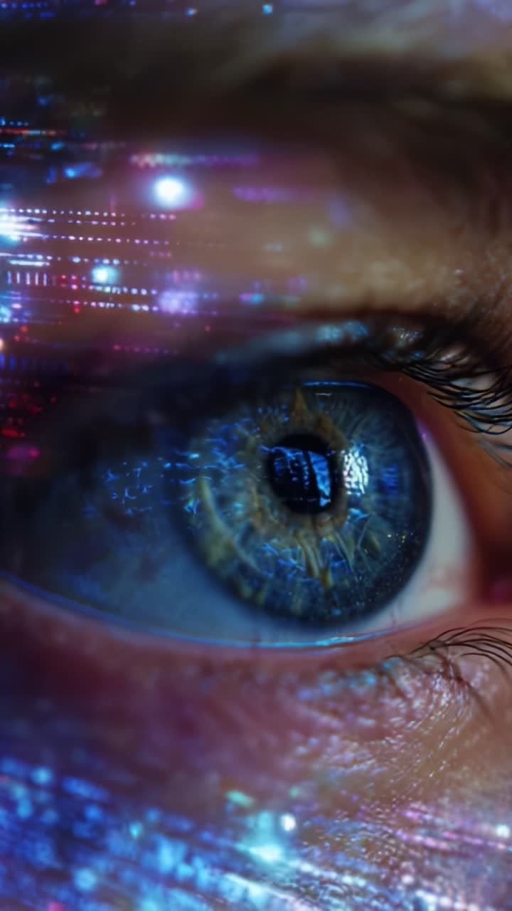 Close-up View of a Human Eye Enhanced with Digital Patterns and Light Effects, Showcasing the Intersection of Human Emotion and Technological Innovation