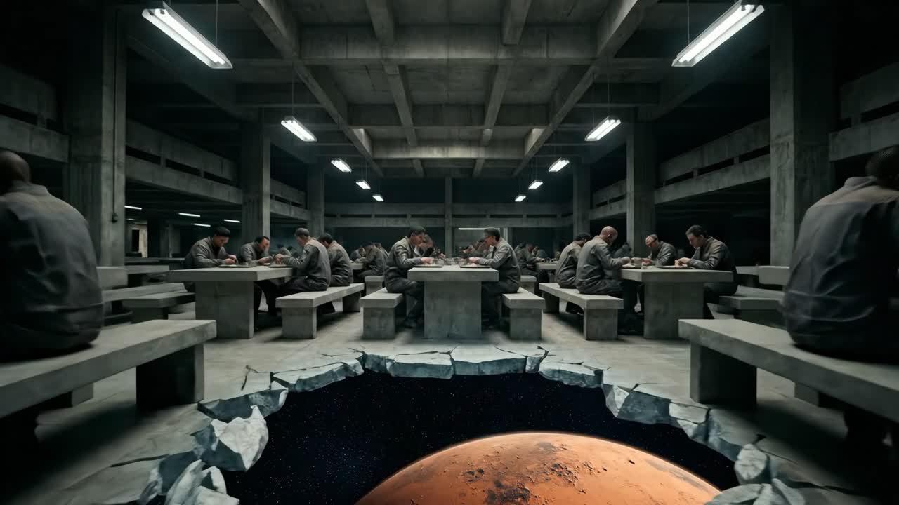 Men Eating in a Dystopian Cafeteria with Mars Visible Through a Cracked Floor