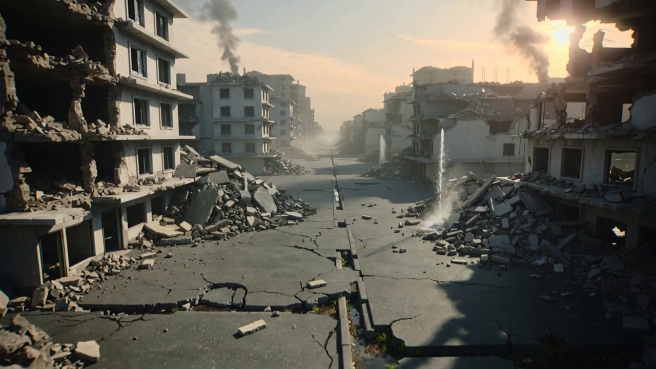 Recording ruined central avenue showing plume bursting from rubble at urban avenue, smoke drifting