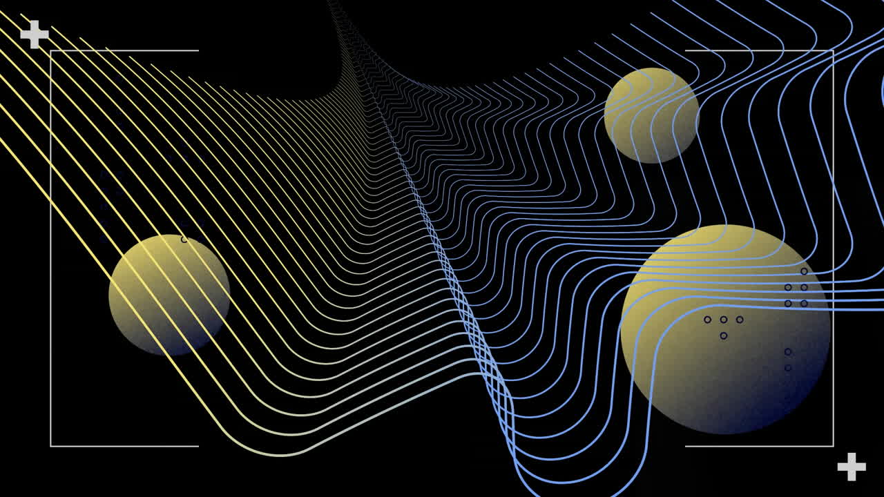 Animation of blue and yellow curved lines and yellow spheres on black